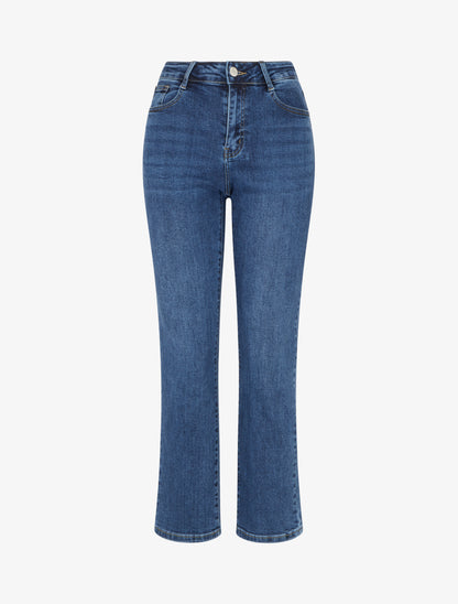 Jean droit délavé à taille haute - Bleu - 1