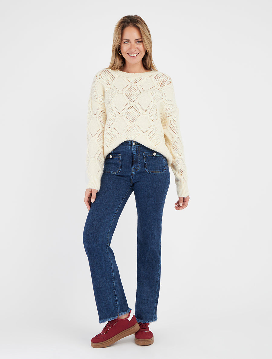 Jean droit taille haute à boutons - Bleu