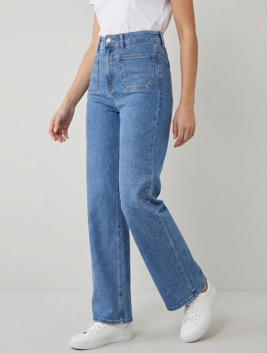 Jean wide leg à poches plaquées - Bleu