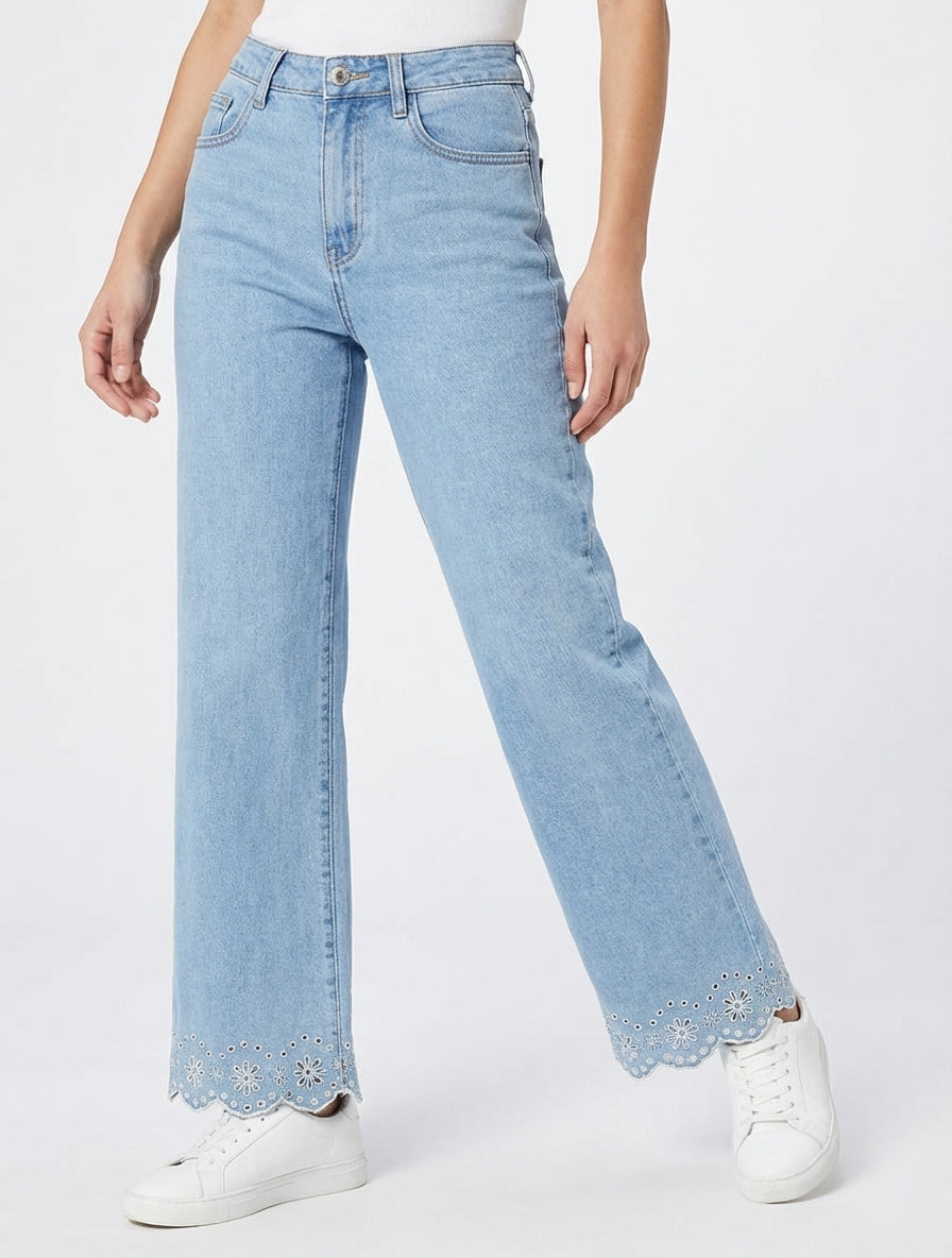 Jean wide leg à motif fleurs ajourés - Bleu