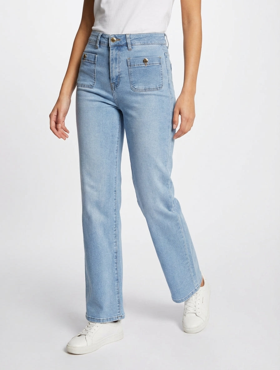 Jean push up à boutons décoratifs coupe droite - Bleu