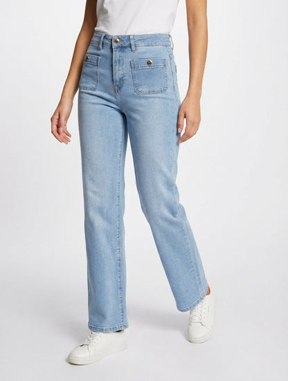 Jean push up à boutons décoratifs coupe droite - Bleu