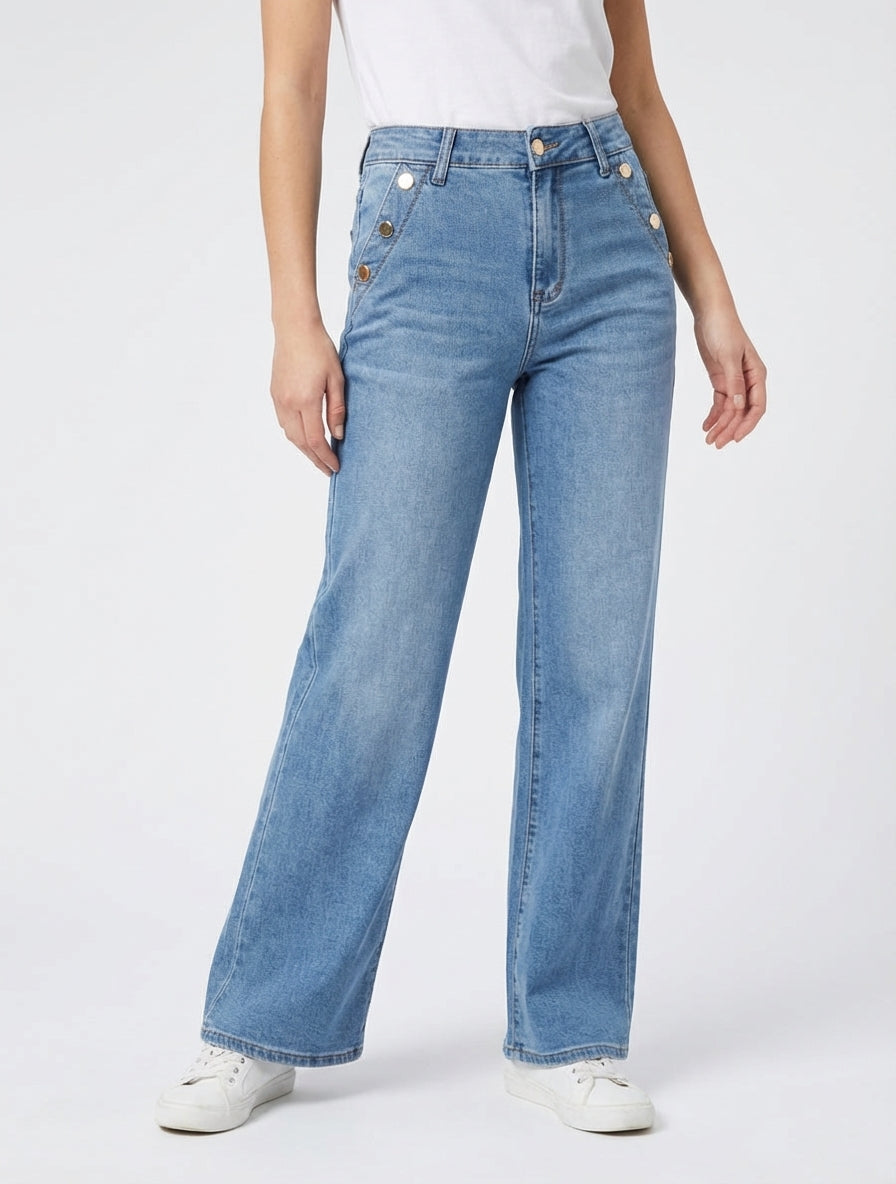Jean wide leg à boutons décoratifs coupe droite - Bleu
