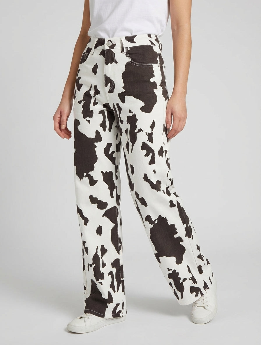 Jean wide leg à imprimé vache - Marron