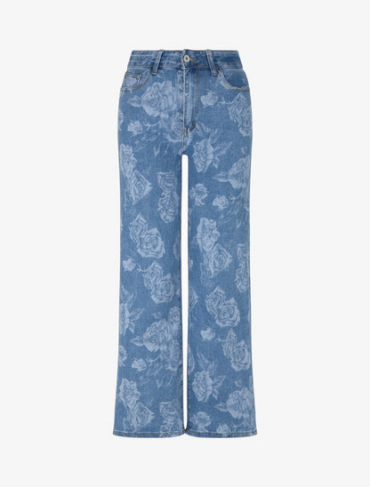 Jean wide leg imprimé roses coupe droite - Bleu - 1