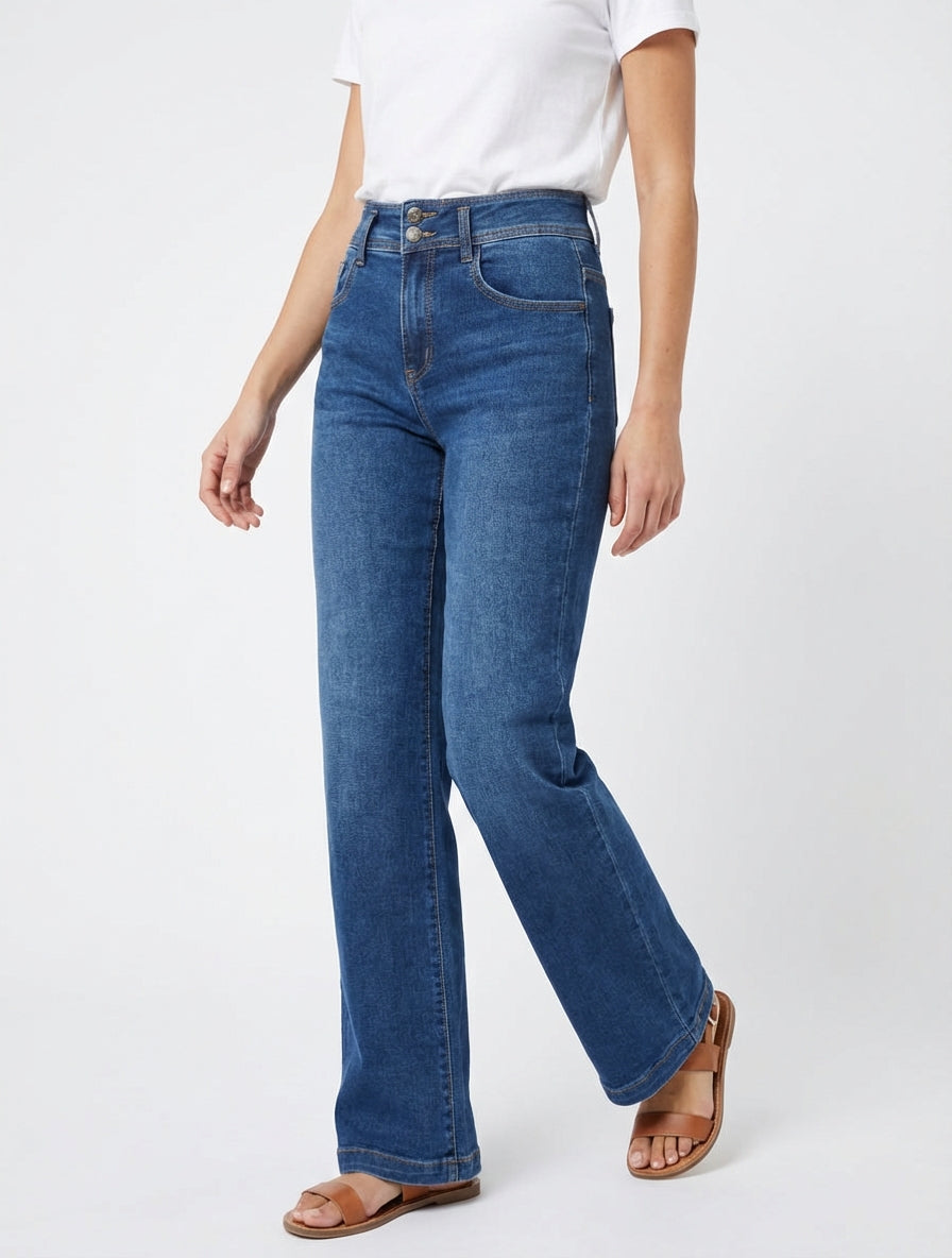 Jean wide leg à fermeture 2 boutons - Bleu