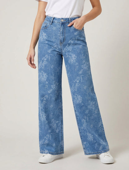 Jean ample taille haute fleuri - Bleu