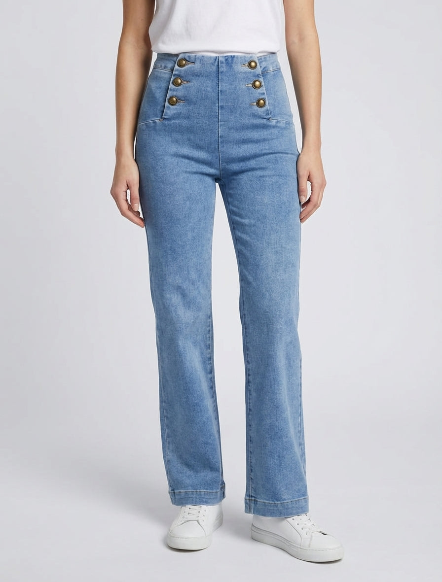 Jean droit taille haute boutonnée - Bleu