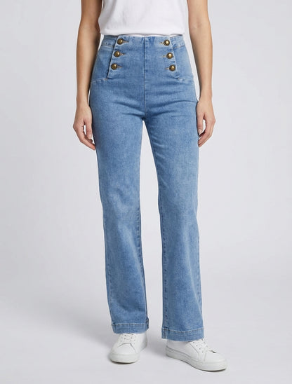 Jean droit taille haute boutonnée - Bleu