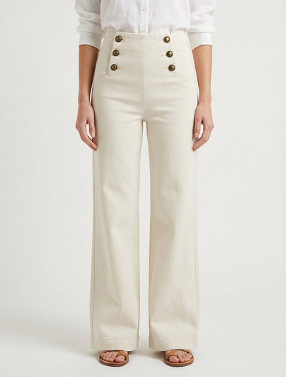 Jean droit taille haute boutonnée - Beige