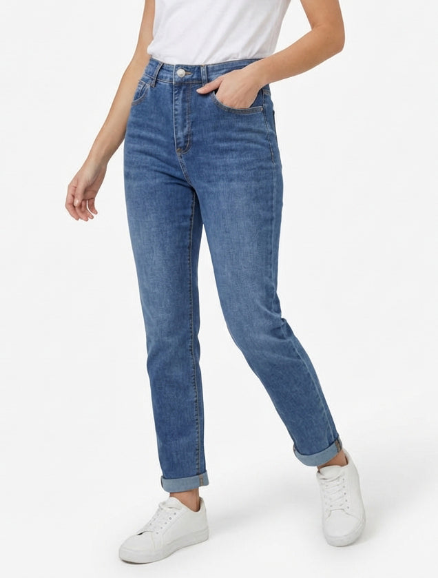 Jean mom 5 poches délavé - Bleu denim