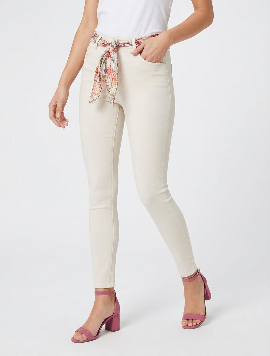 Jean skinny 5 poches ceinture imprimée - Beige clair