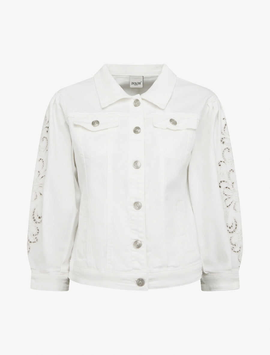 Veste en jean à manches brodées - Blanc - 1