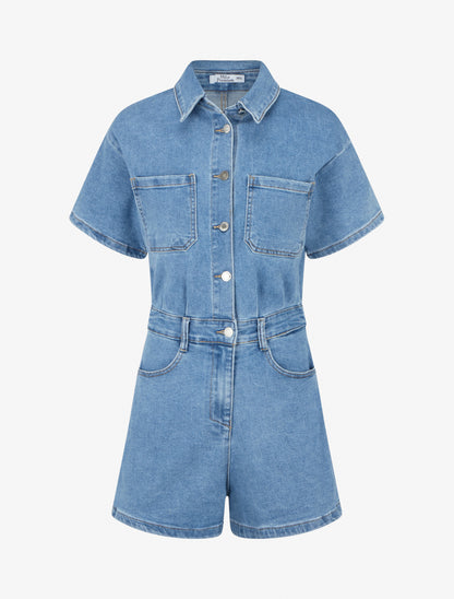 Combishort en jean manches courtes - Bleu - 1