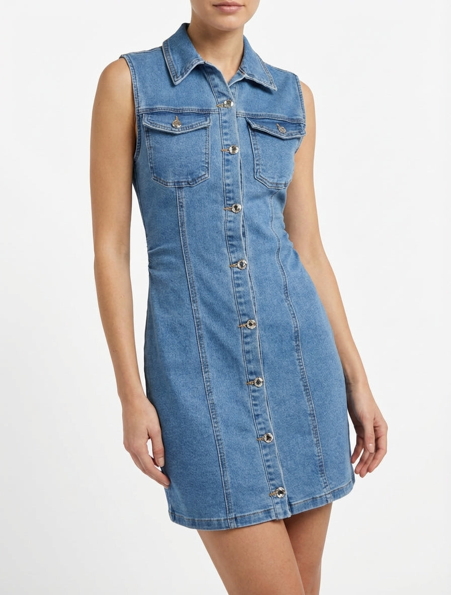 Promod LONGUE SANS MANCHES - Robe longue - jean clair/denim bleu gris