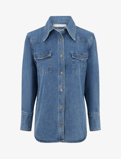 Chemise en jean droite à poches à rabat - Bleu - 1