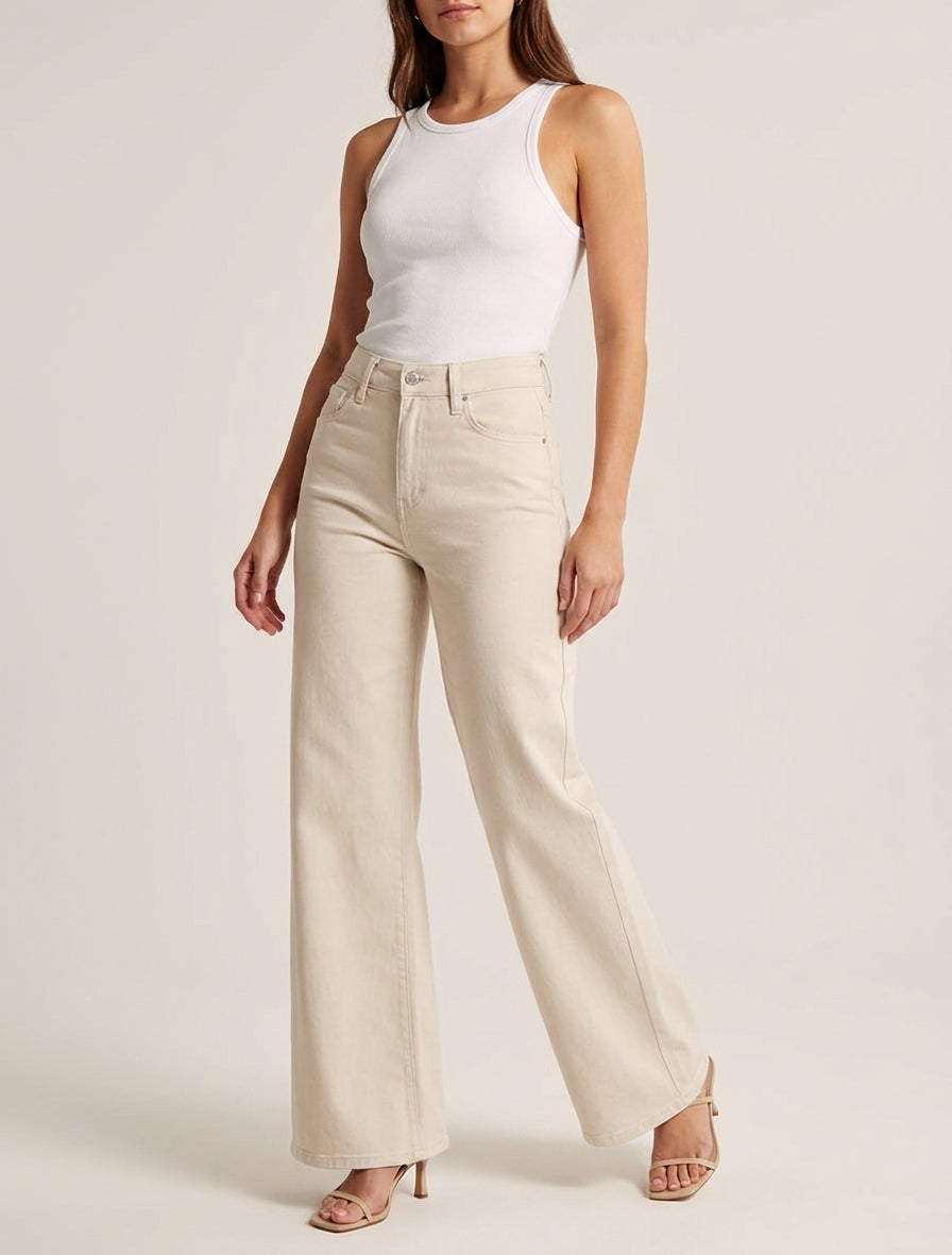Jean wide leg 5 poches - Beige
