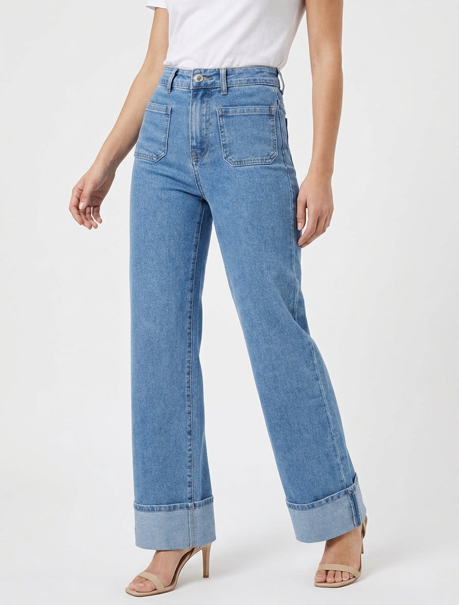 Jean push up wide leg à revers - Bleu
