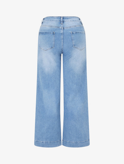 Jean taille haute à boutons décoratifs coupe droite - Bleu - 2