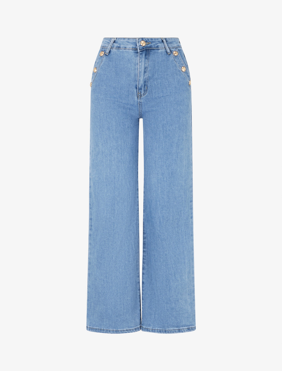 Jean droit à boutons décoratifs - Bleu - 1