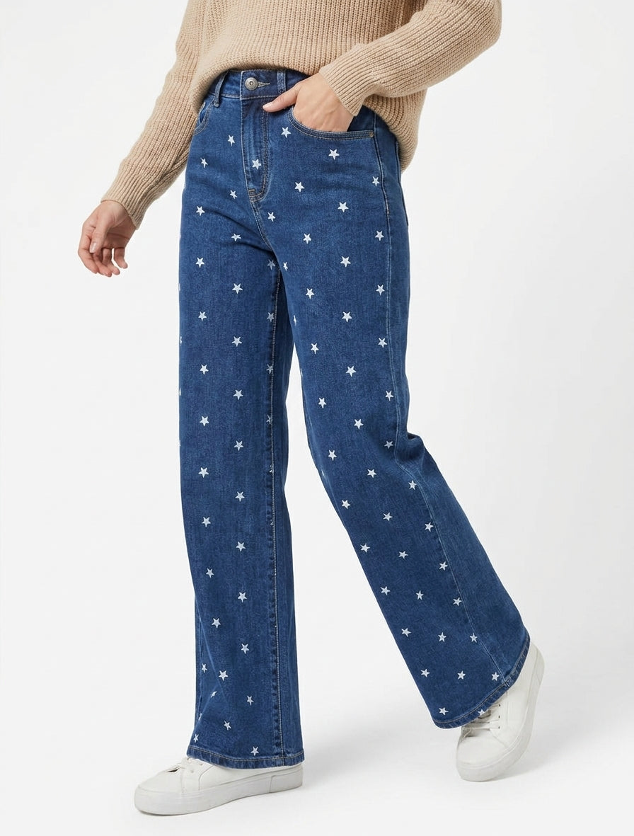 Jean wide leg taille haute étoiles - Bleu