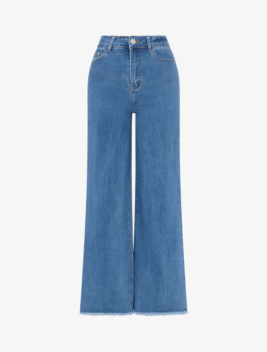 Jean wide leg à poches étoiles strassées - Bleu - 1