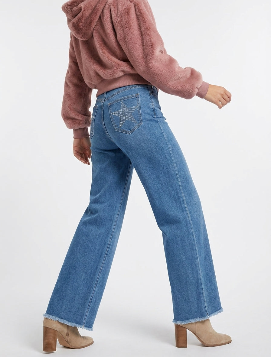 Jean wide leg taille haute strassé - Bleu