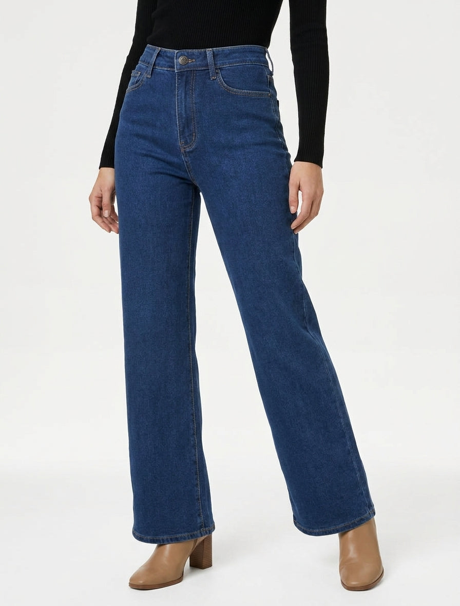 Jean ample 5 poches taille haute - Bleu brut