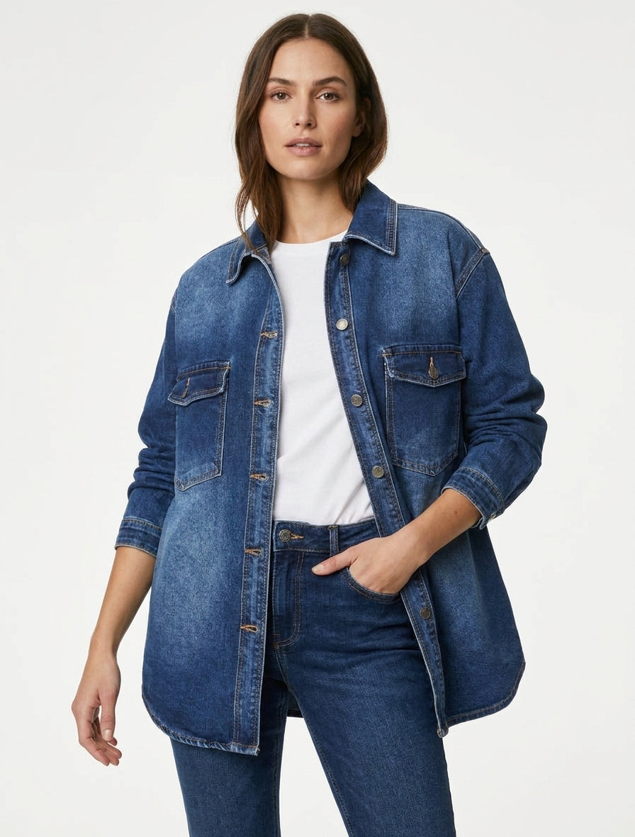 Surchemise en jean col à pied - Bleu denim