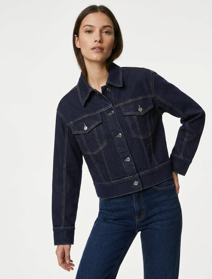 Veste en jean courte col à pied - Bleu brut