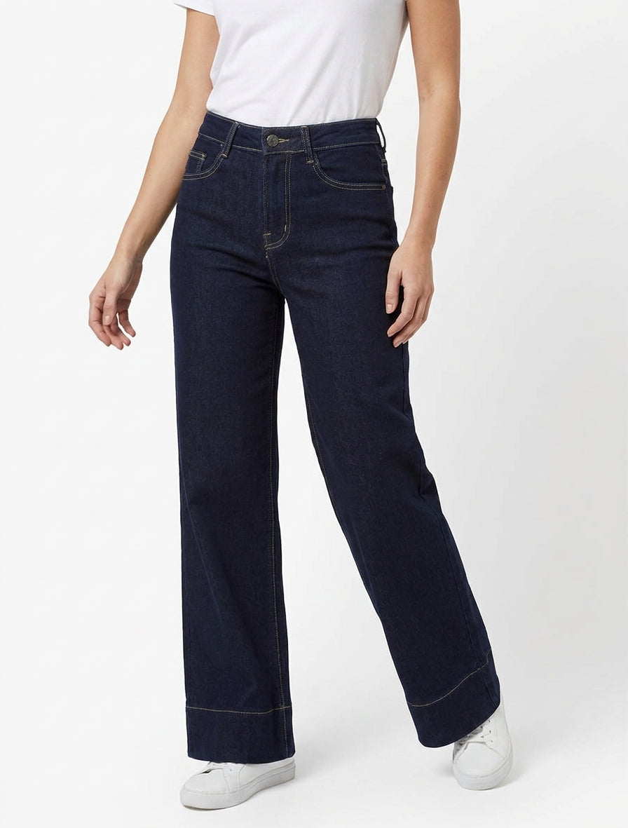 Jean wide leg taille haute 5 poches - Bleu brut