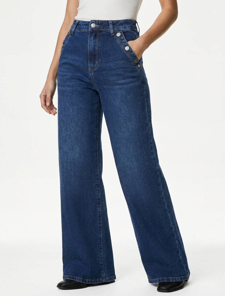 Jean wide leg taille haute - Bleu denim