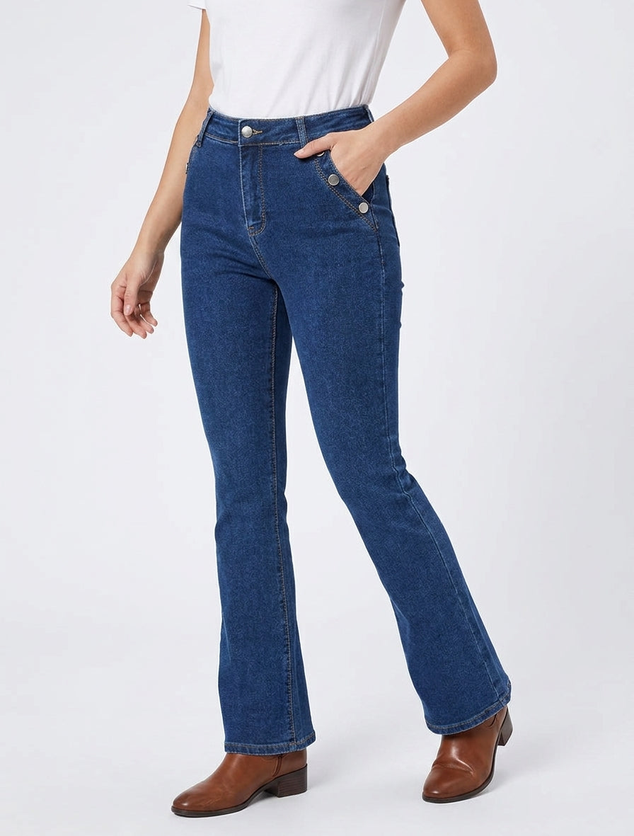 Jean flare taille haute à boutons - Bleu denim