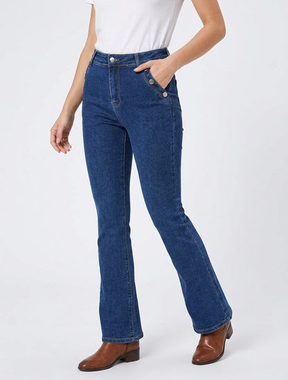 Jean flare taille haute à boutons - Bleu denim