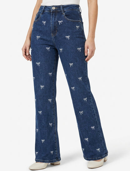 Jean wide leg taille haute brodé - Bleu