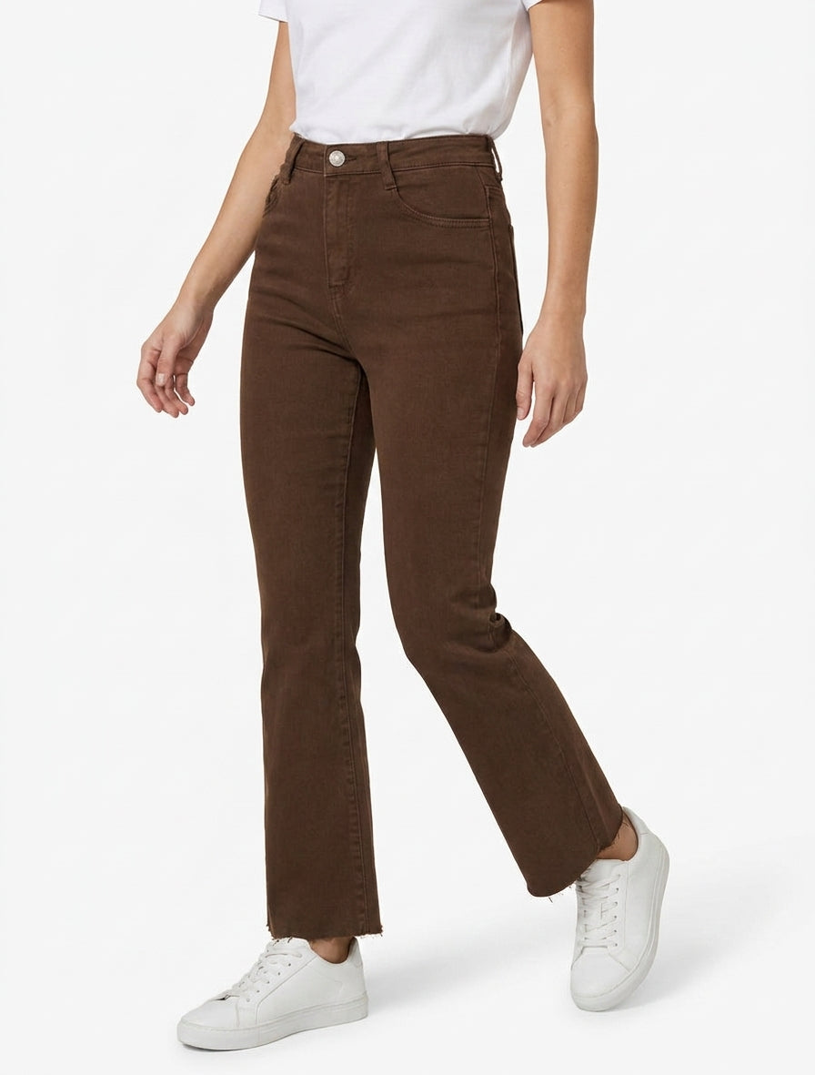 Jean droit taille haute 5 poches - Marron