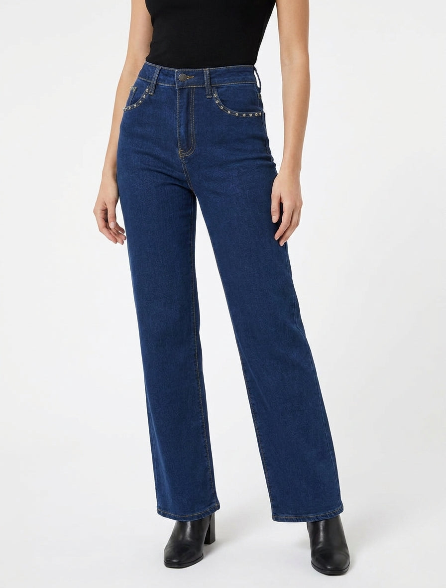 Jean wide leg taille haute clouté - Bleu denim