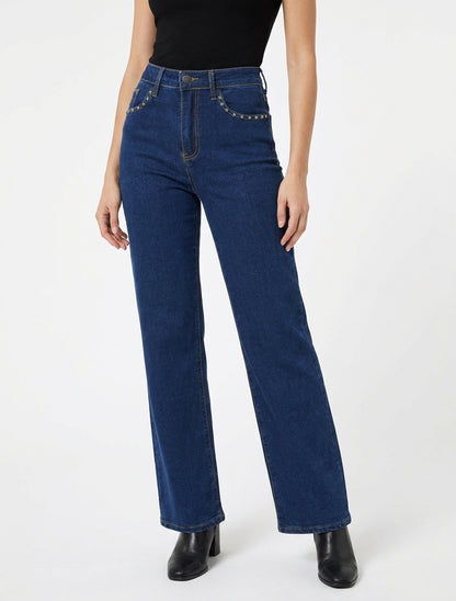Jean wide leg taille haute clouté - Bleu denim