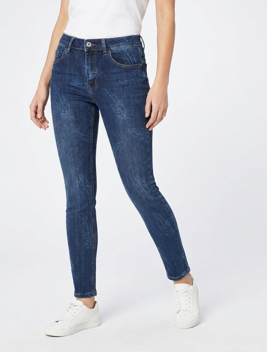 Jean skinny imprimé plumes 5 poches - Bleu denim