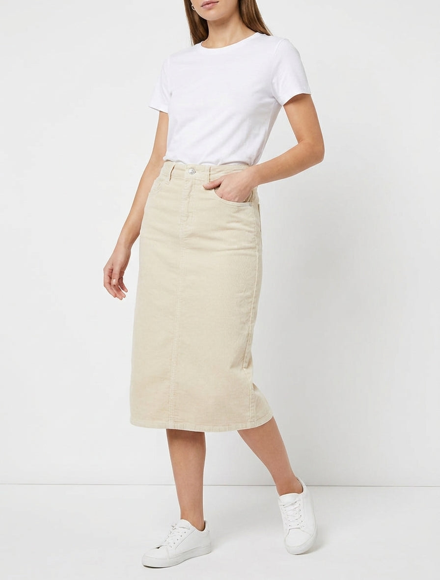 Jupe côtelée taille haute - Beige