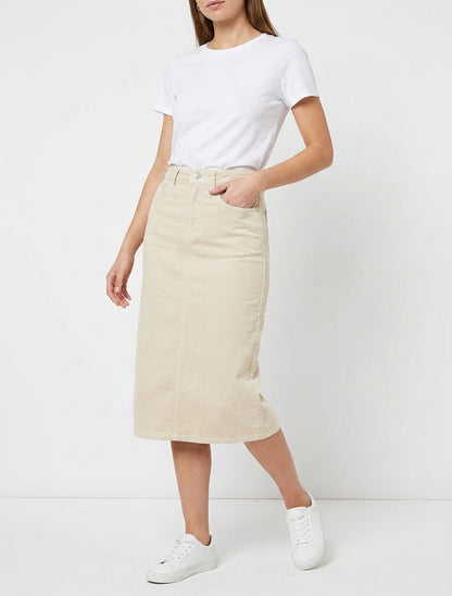 Jupe côtelée taille haute - Beige