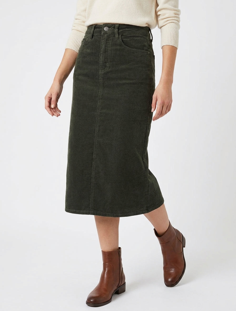 Jupe côtelée taille haute - Kaki