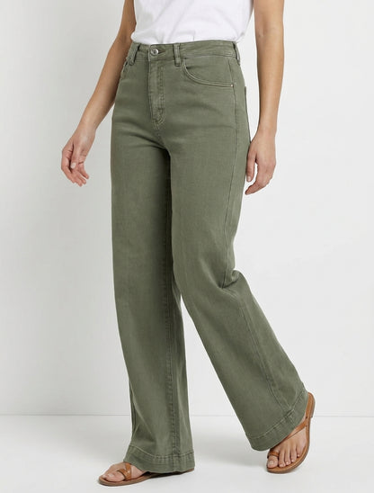 Jean wide leg taille haute - Kaki
