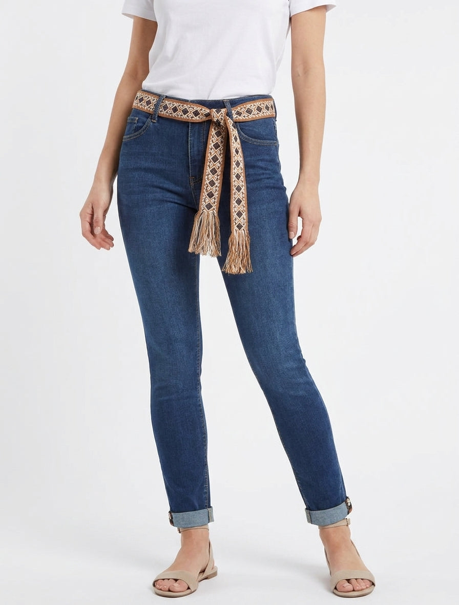 Jean slim taille haute à ceinture - Bleu denim