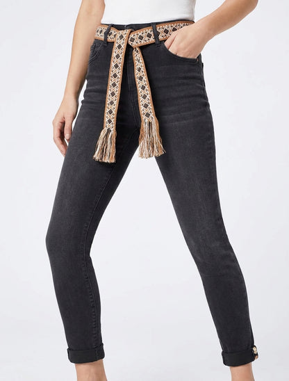 Jean slim taille haute à ceinture - Gris anthracite