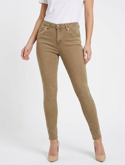 Jean skinny taille haute à sequins - Marron clair