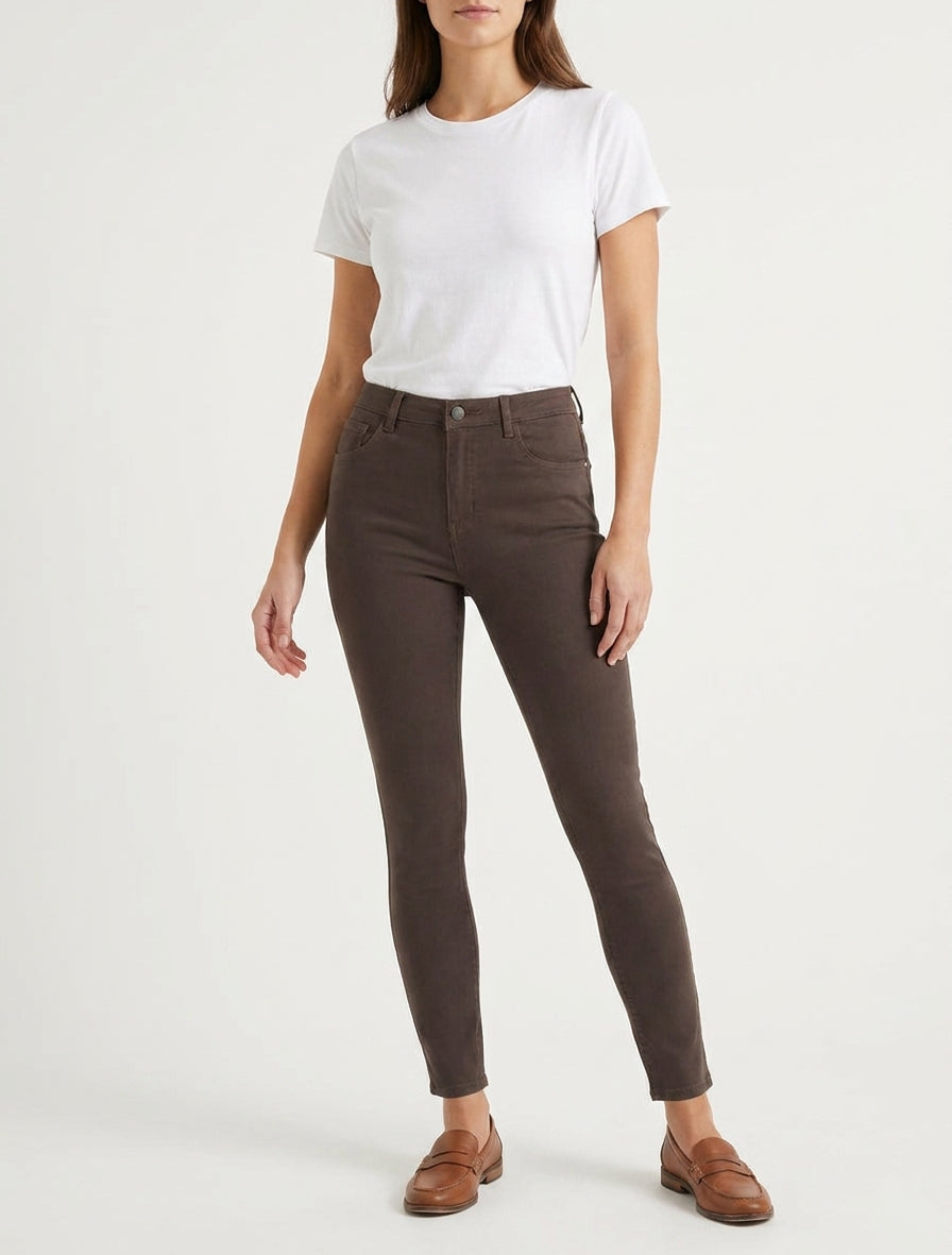 Jean slim taille haute 5 poches - Marron chocolat