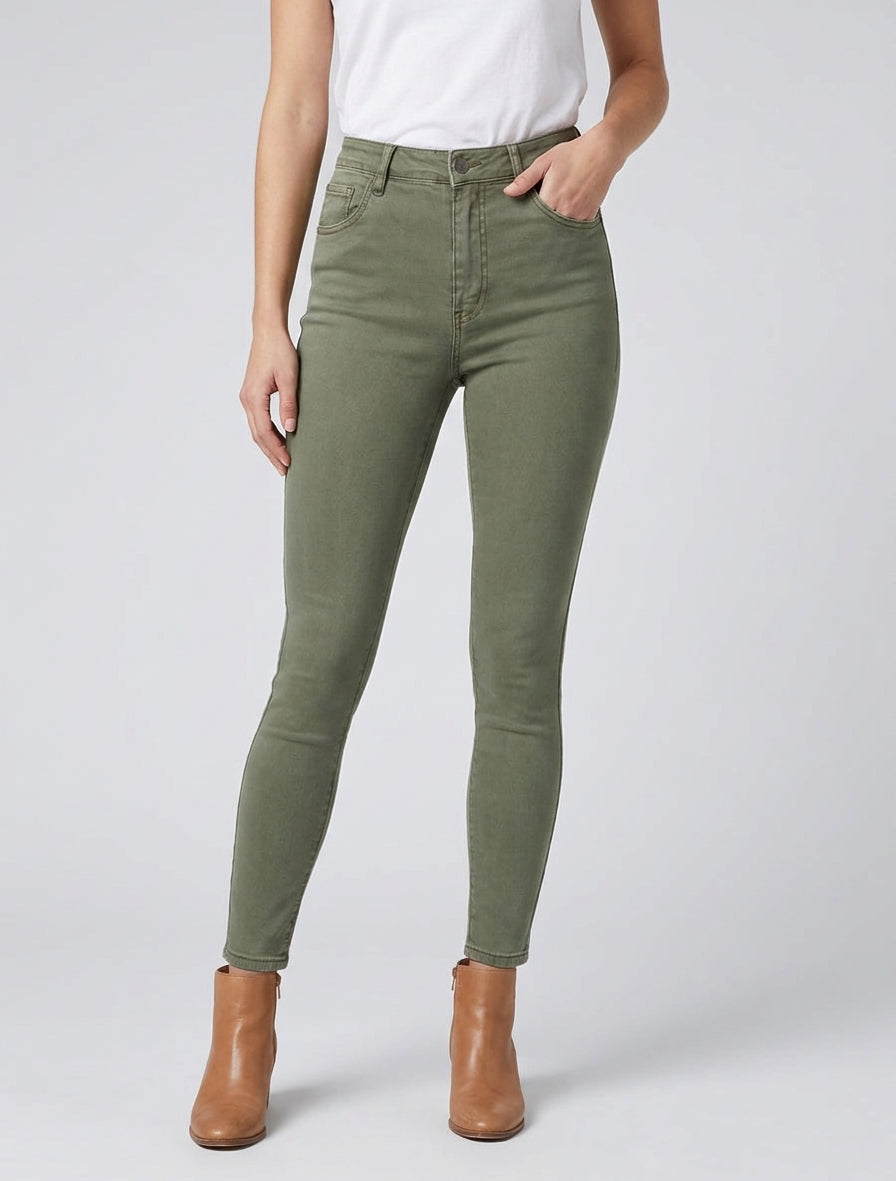 Jean slim taille haute 5 poches - Kaki