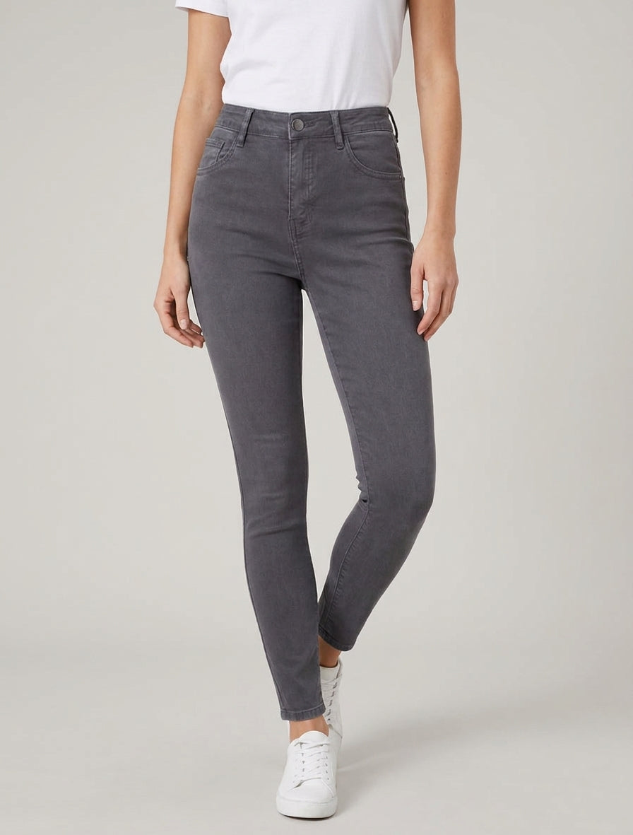 Jean slim taille haute 5 poches - Gris foncé