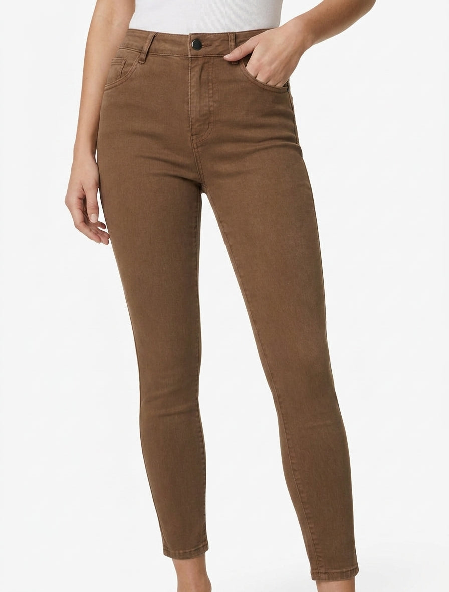 Jean slim à taille haute 5 poches - Marron